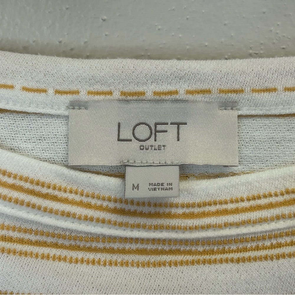 LOFT White Mustard Yellow Striped Boxy Tee Womens M Cotton Classic Preppy Travel - Picture 4 of 8